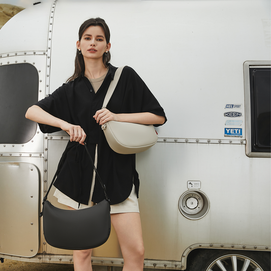 ACACIA Clover premium PU leather crossbody fanny pack with charm loop, burgundy lining, and color-tinted hardware. Minimalist Uniqlo-style sling bag perfect for women’s travel and daily wear.