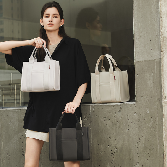 ACACIA Fern Mini Tote Bag in premium leather-feel PU with structured silhouette and minimalist design. Compact yet fits 11-inch tablet. Urban crossbody mini tote for everyday style.