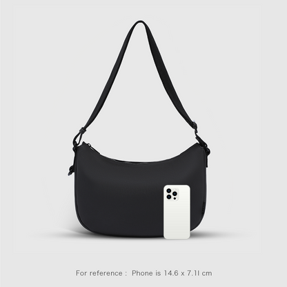 Black ACACIA Clover belt bag in premium PU leather with charm loop and burgundy lining. Fits phone and essentials. Uniqlo-inspired sling bag and waist pack for women, perfect for travel and everyday use.