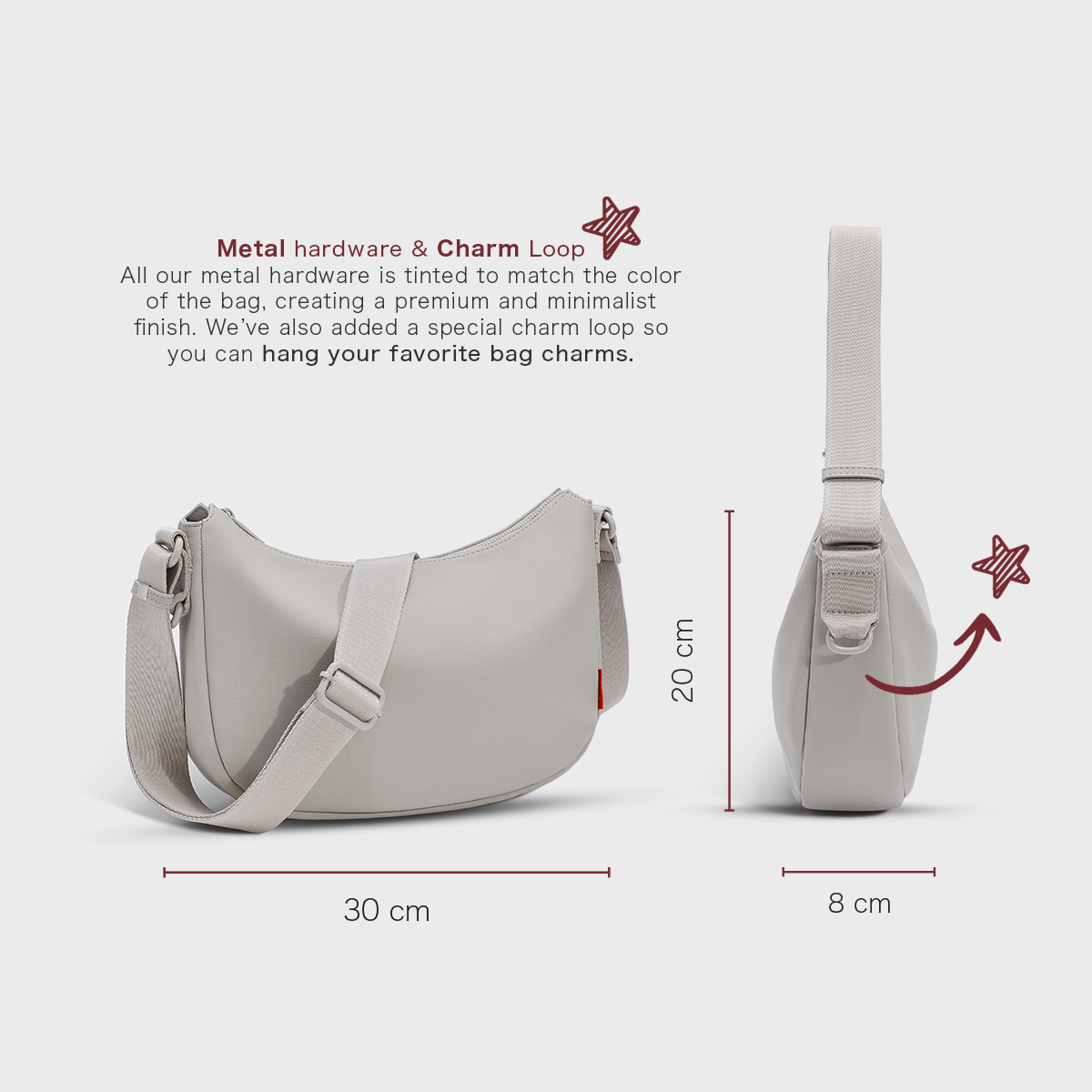 Detailed dimensions of the ACACIA Clover premium PU leather fanny pack. Minimalist Uniqlo-inspired crossbody bag with charm loop, burgundy lining, and matching hardware.