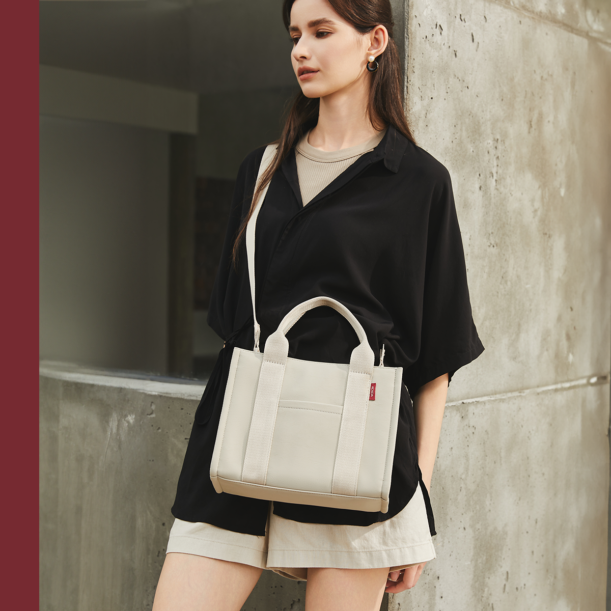 Beige ACACIA Fern Mini Tote in premium leather-feel PU with water-repellent texture. Compact but fits 11-inch tablet. Minimalist structured crossbody tote for modern urban style.