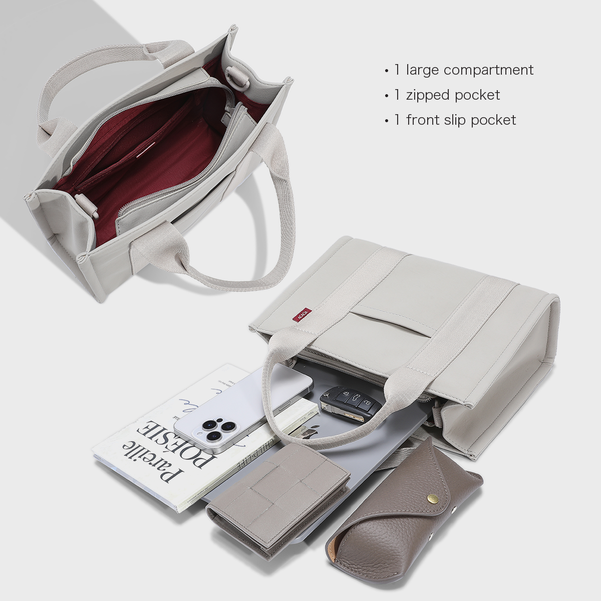 Interior capacity of the ACACIA Fern Mini Tote showing large compartment, zipped pocket, slip pocket, and signature burgundy lining. Premium leather-feel PU, compact but fits 11-inch tablet. Minimalist everyday urban tote.