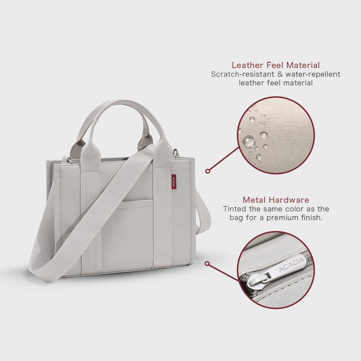Side view of the ACACIA Fern Mini Tote beige showing scratch-resistant PU leather feel, water-repellent surface, and color-tinted metal hardware. A compact structured tote that fits an 11-inch tablet. Minimalist Uniqlo-inspired urban tote bag.