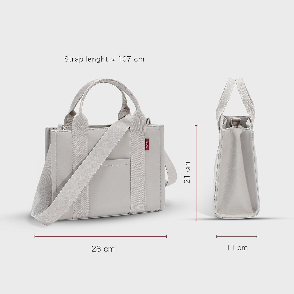 Dimensions of the ACACIA Fern Mini Tote: 28 × 11 × 21 cm. Compact structured design in premium PU leather feel, fits 11-inch notepad/tablet, with urban minimalist aesthetic and crossbody strap.