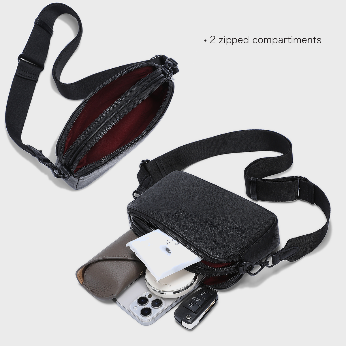 Interior capacity of the ACACIA Moss crossbody bag with double-zip compartments and burgundy lining. Compact unisex vegan leather sling ideal for keys, phone, wallet, and daily essentials.