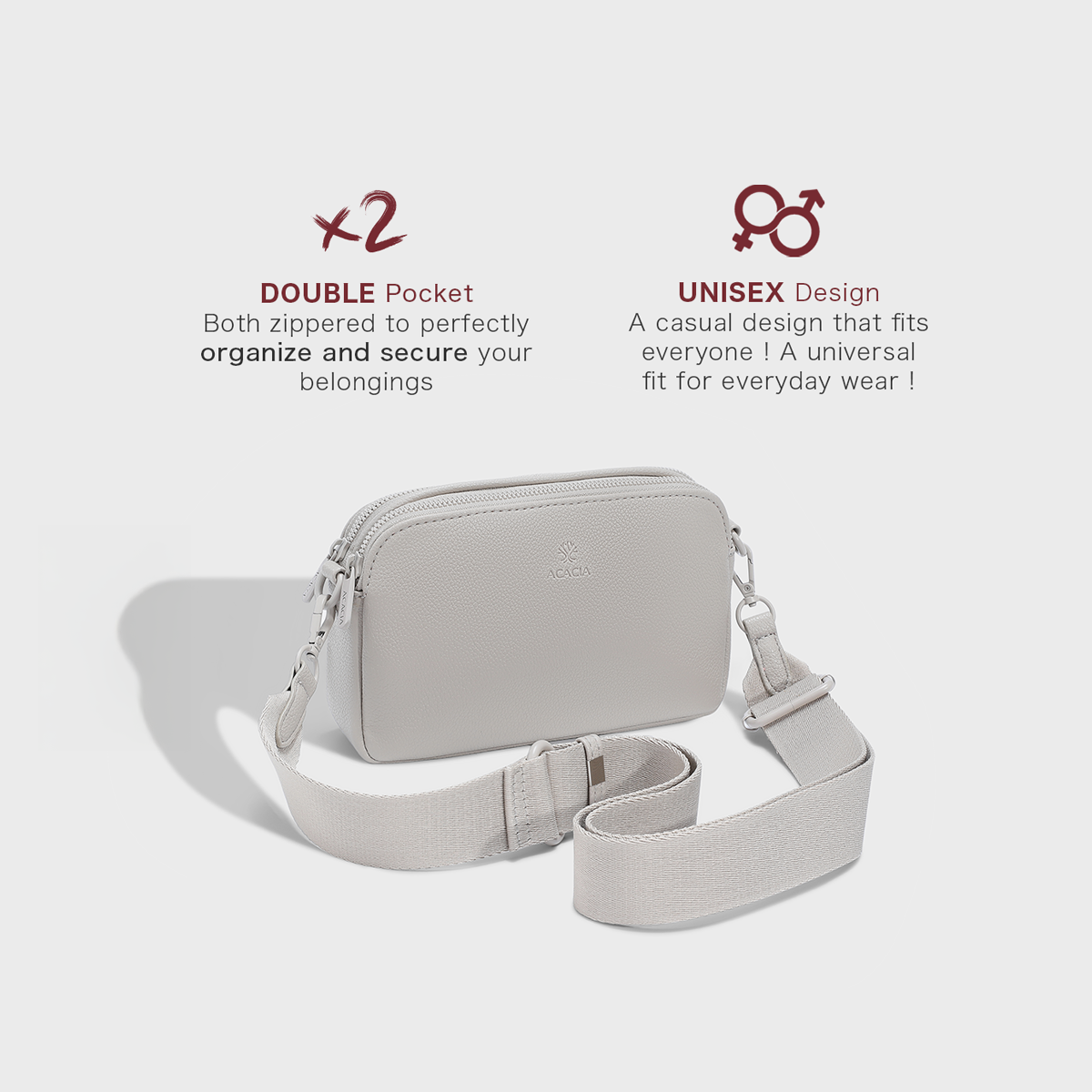 Side view of ACACIA Moss soft vegan leather crossbody bag with double zip compartments, unisex wide strap, and compact minimalist shape. Ideal for everyday essentials, travel, and hands-free urban style.
