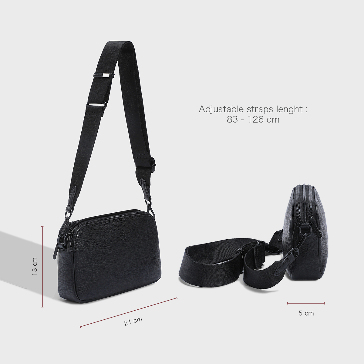 Dimensions of the ACACIA Moss crossbody bag with adjustable wide strap. Soft vegan leather, secure double zippers, and compact minimalist design ideal for men and women.