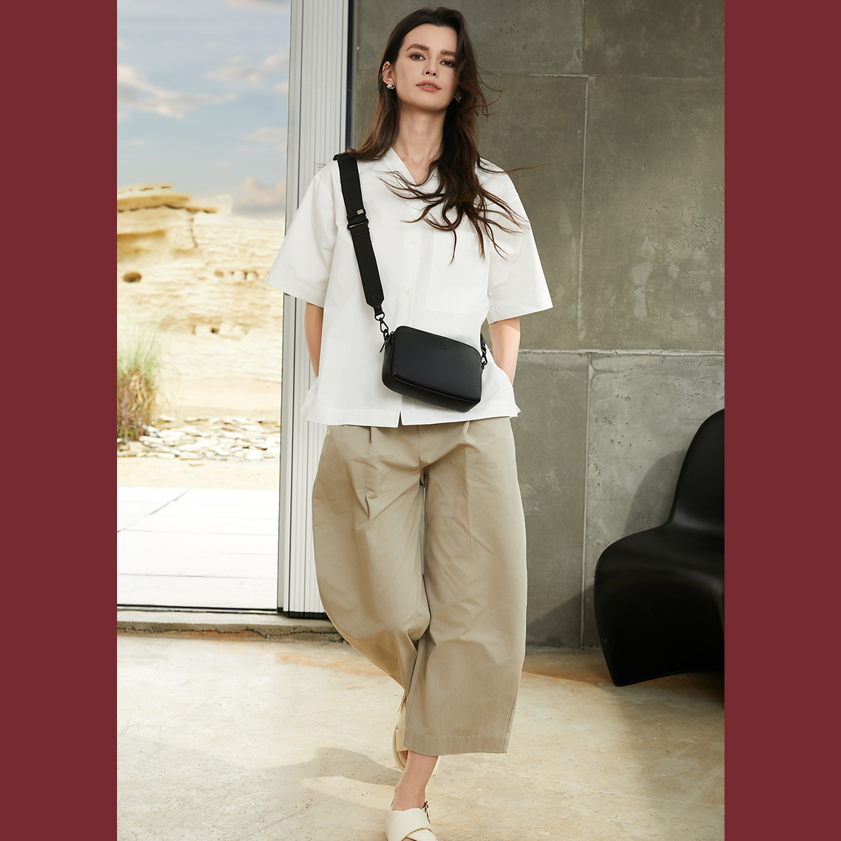 ACACIA Moss unisex sling bag in soft vegan leather with wide comfort strap. Compact, secure double-zip crossbody ideal for travel, commuting, and daily use.