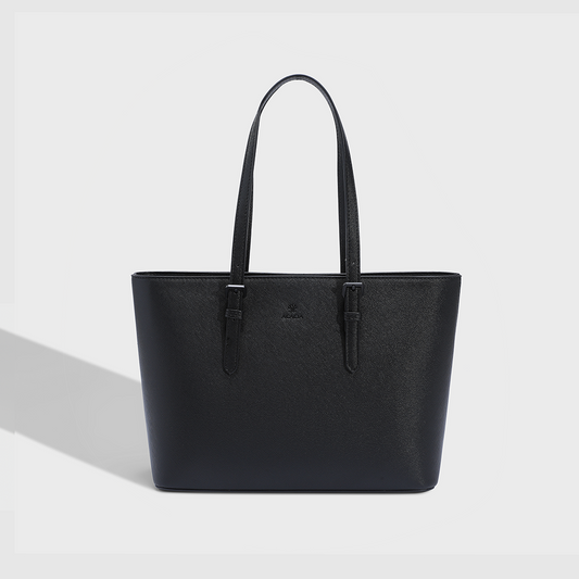 Black tote bag rigid leather A4 documents capacity with metal hardware black