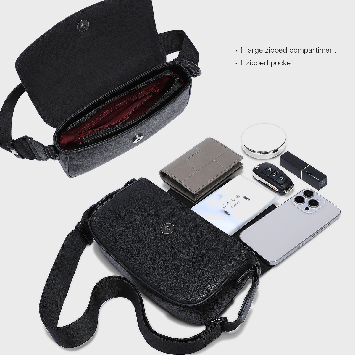 Capacity view of the IVY unisex sling bag showing large main compartment, burgundy lining, and inside zipper pocket. A secure and functional crossbody for men and women with premium vegan PU leather.