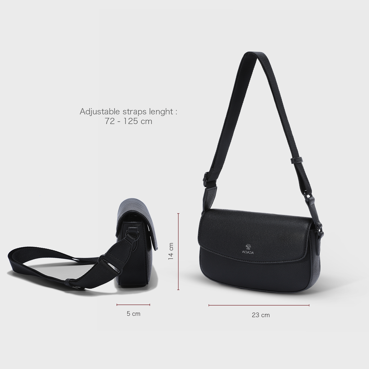 Dimensions of the ACACIA IVY unisex crossbody sling bag with magnetic flap, zipper closure, and wide adjustable strap. A compact vegan leather sling bag perfect for men and women’s everyday carry.