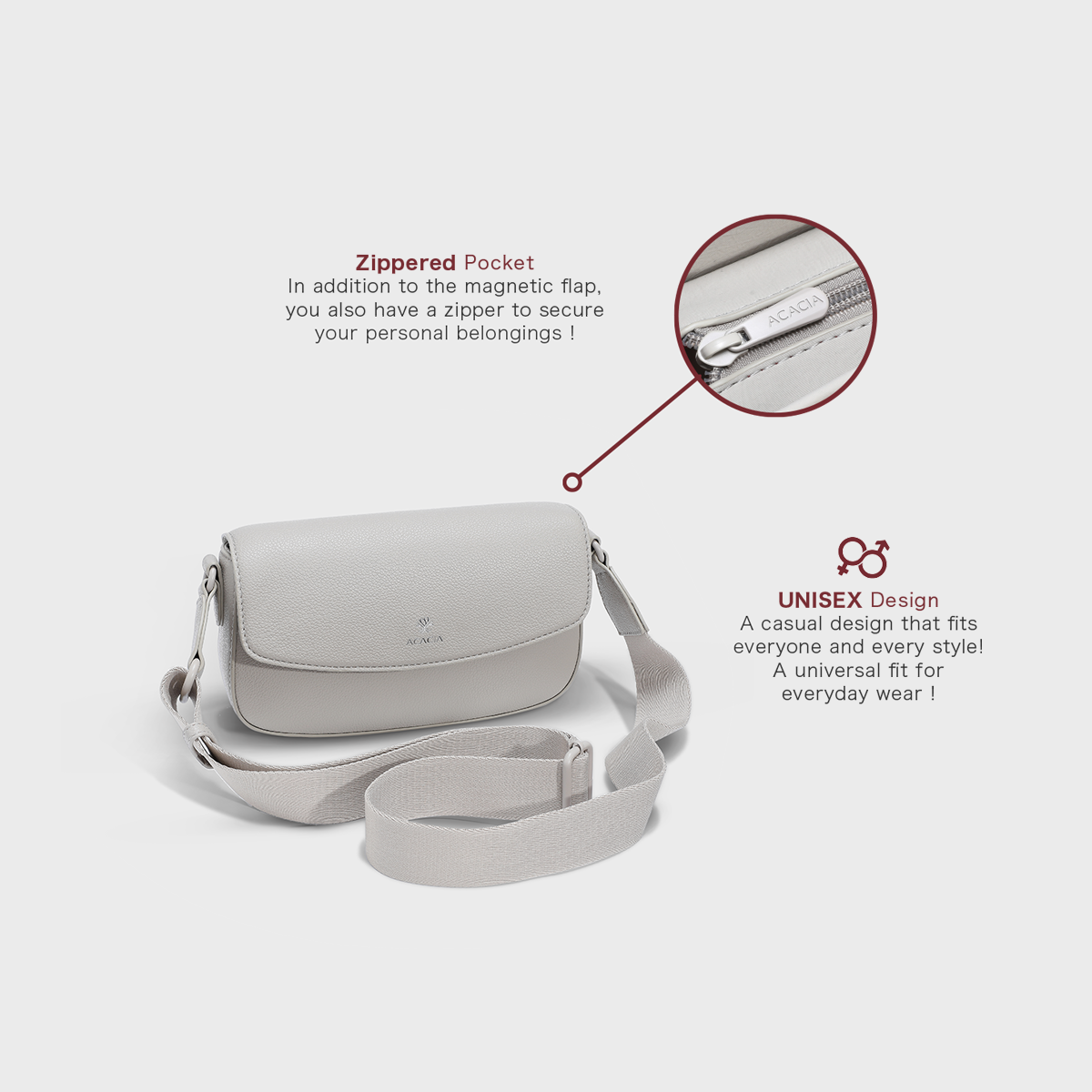 Side view of the ACACIA IVY unisex sling bag with magnetic flap and secure zipper closure. Premium vegan leather, adjustable strap, and inside pocket for perfect organization. A stylish crossbody for women and men.