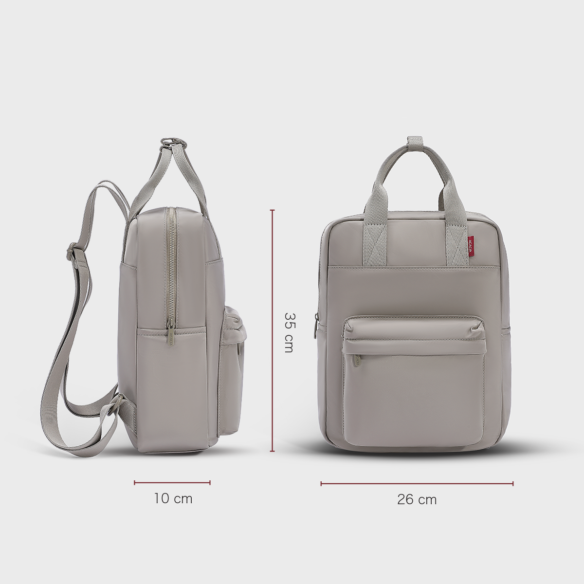Dimension image of the ACACIA Reed Backpack: 26 × 10 × 35 cm. A compact unisex backpack offering a slim profile, roomy storage, and a perfect fit for 14-inch laptops. Great for men and women who want a non-bulky everyday bag.