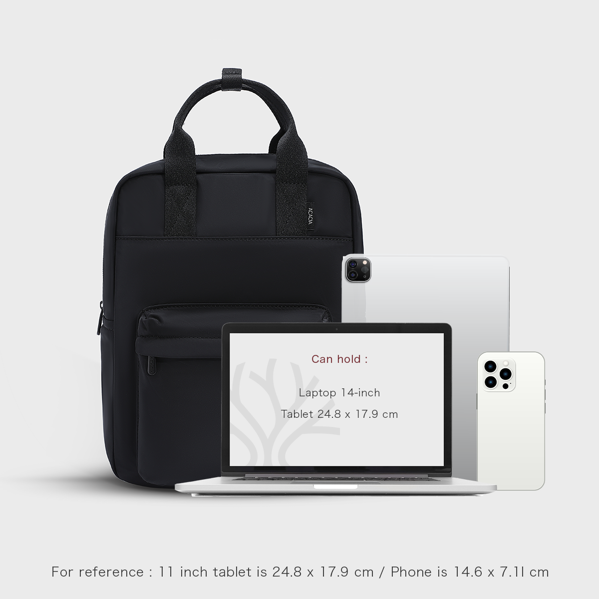 Black Reed Backpack size reference image. A sleek unisex laptop backpack that fits a 14-inch laptop, A4 documents, and essentials. Lightweight, minimalist, and perfect for work, school, and city travel.