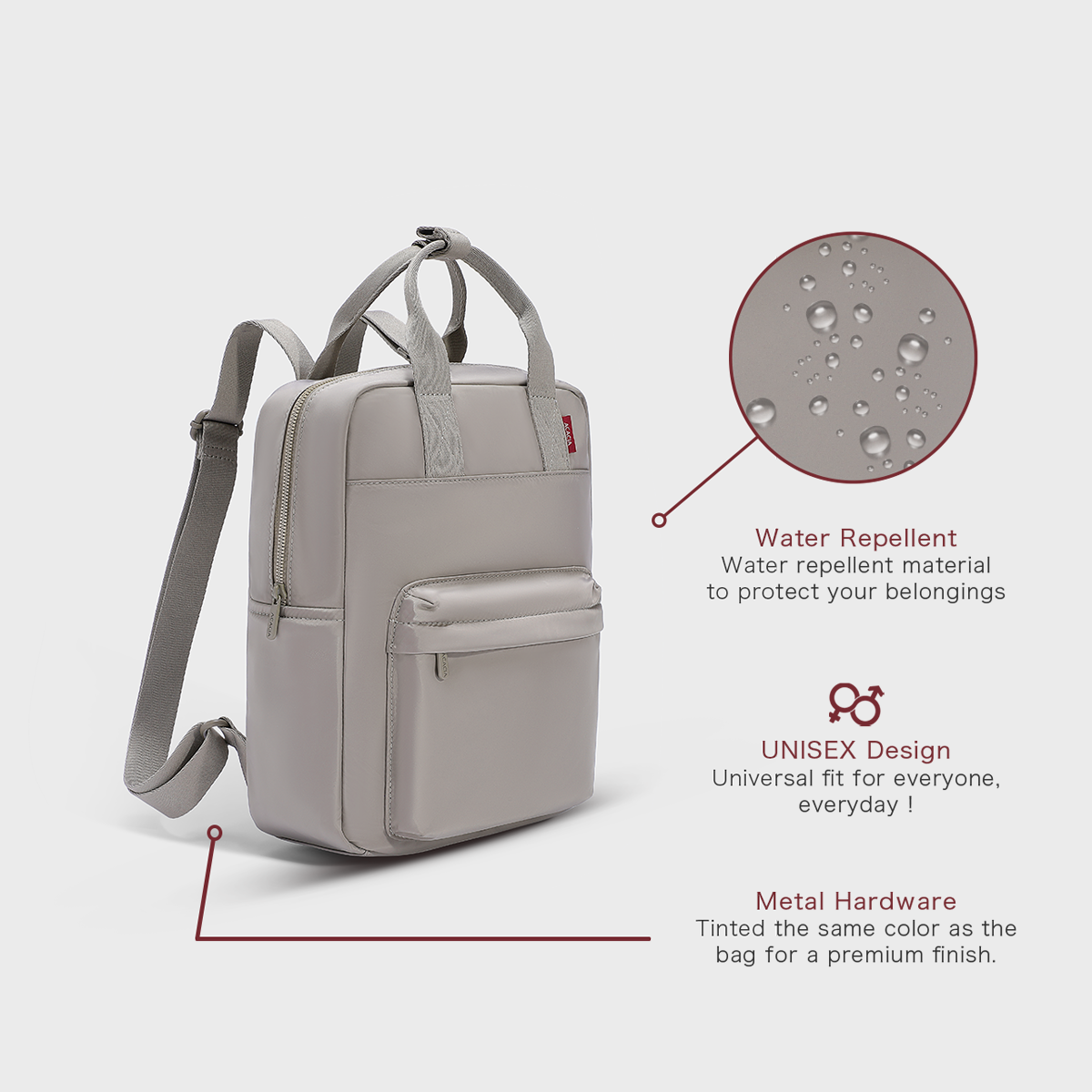 Side view of the unisex Reed Backpack featuring water-repellent fabric, premium color-matched metal hardware, structured shape, and practical compartments. Ideal compact backpack for men and women looking for a sleek, durable everyday bag.