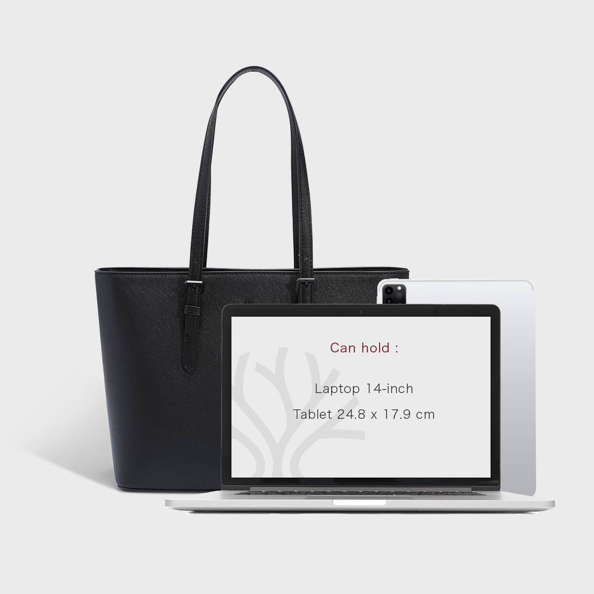Image showing the Cedar tote bag holding an 11-inch laptop, emphasizing its rigid waterproof PU leather construction and minimalist Japanese work-tote functionality.