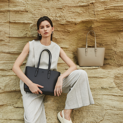Front view of the ACACIA Cedar tote bag, a minimalist Japanese-designed work tote made from rigid waterproof PU leather with anti-scratch finish.