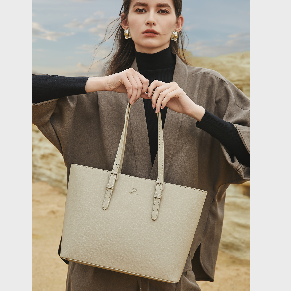ACACIA Cedar tote bag, a minimalist Japanese-designed work tote made with rigid waterproof PU leather, anti-scratch material, perfect for office women, A4 documents and 11-inch laptop storage