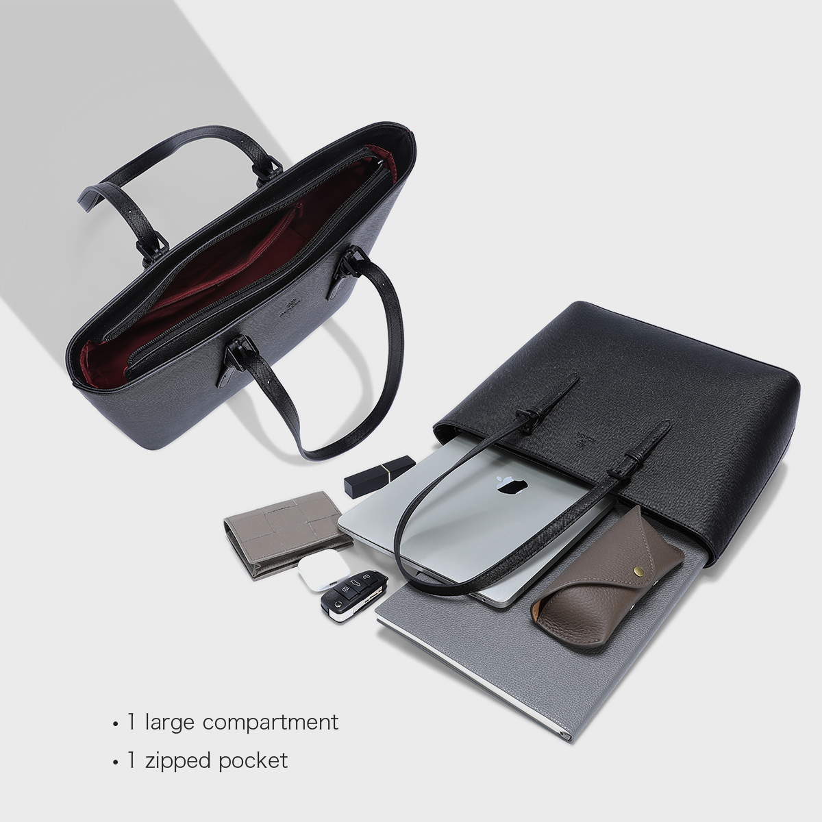 Close-up of the Cedar tote interior with organized compartments and premium lining