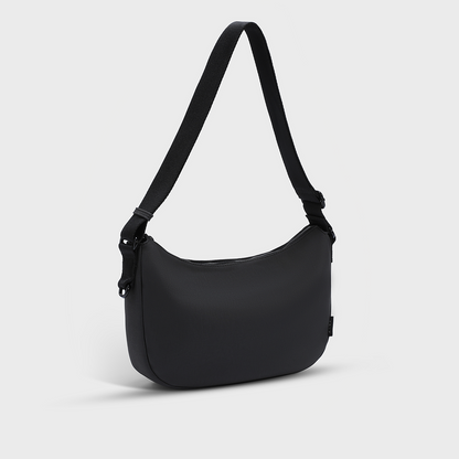 ACACIA Crossbody bag in black Premium vegan leather with a charm hoop zipper and no logo interior red burgundy